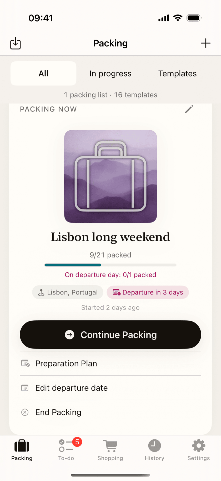 The active trip on the Home screen, mid-packing