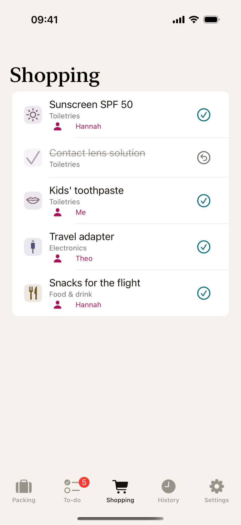 The shopping list collecting items flagged to buy