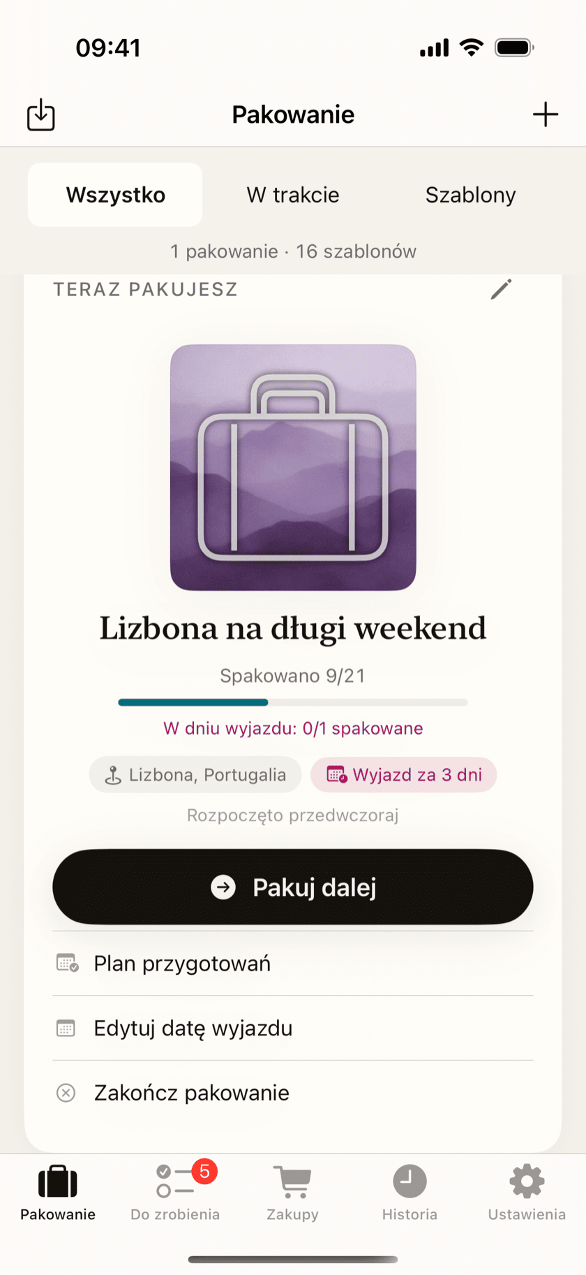 Aktywna podróż na ekranie głównym, w trakcie pakowania