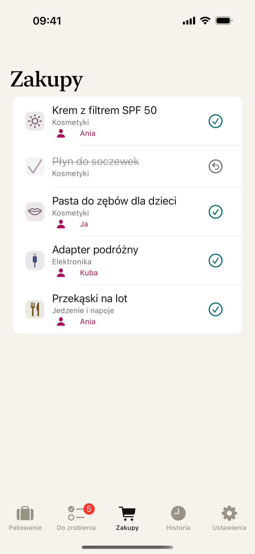 Lista zakupów zbierająca pozycje oznaczone do kupienia